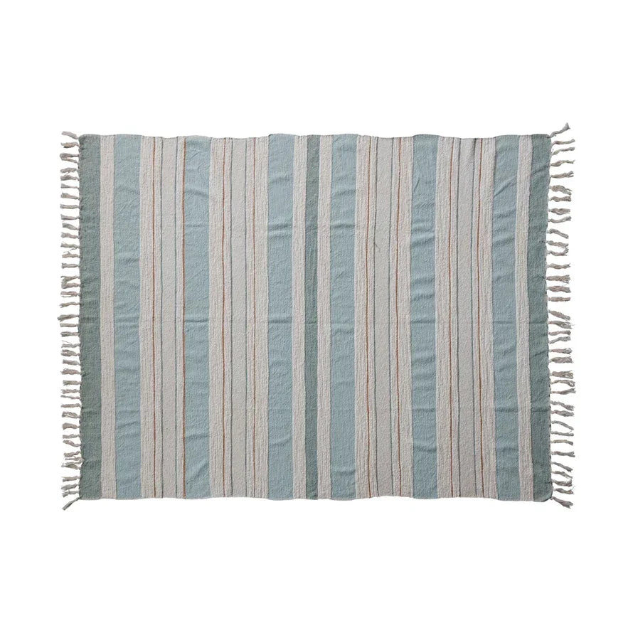 Striped woven cotton throw rug with fringe in muted blue, gray, and white tones