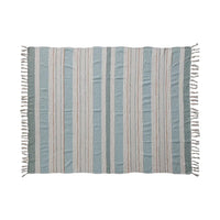 Striped woven cotton throw rug with fringe in muted blue, gray, and white tones