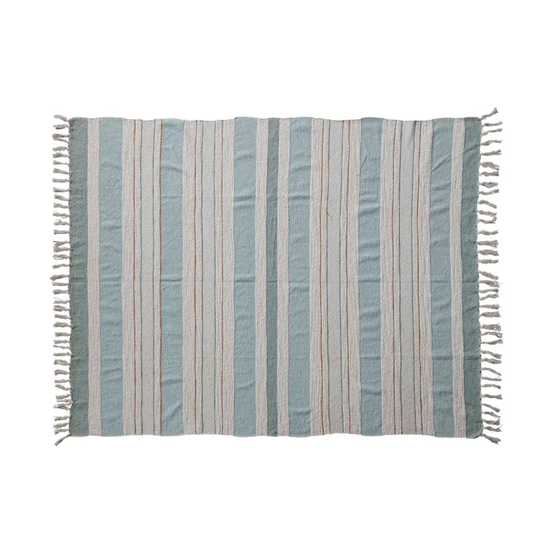 Striped woven cotton throw rug with fringe in muted blue, gray, and white tones