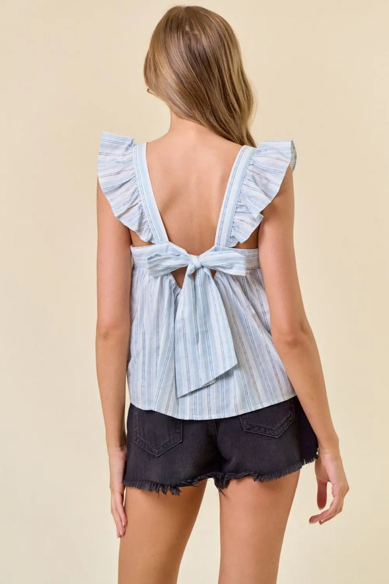 Striped ruffle cap sleeve tie-back top showcasing women’s boho chic clothing at Shop Daisy