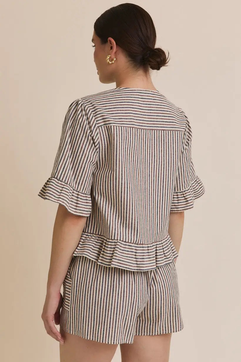 Striped pajama set with tie short sleeve and ruffle hem stripe blouse detail