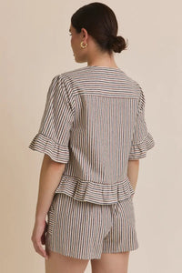Striped pajama set with tie short sleeve and ruffle hem stripe blouse detail