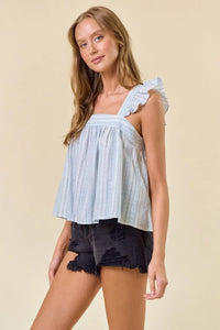 Striped ruffle cap sleeve tank top from Shop Daisy, ideal for women’s boho chic clothing