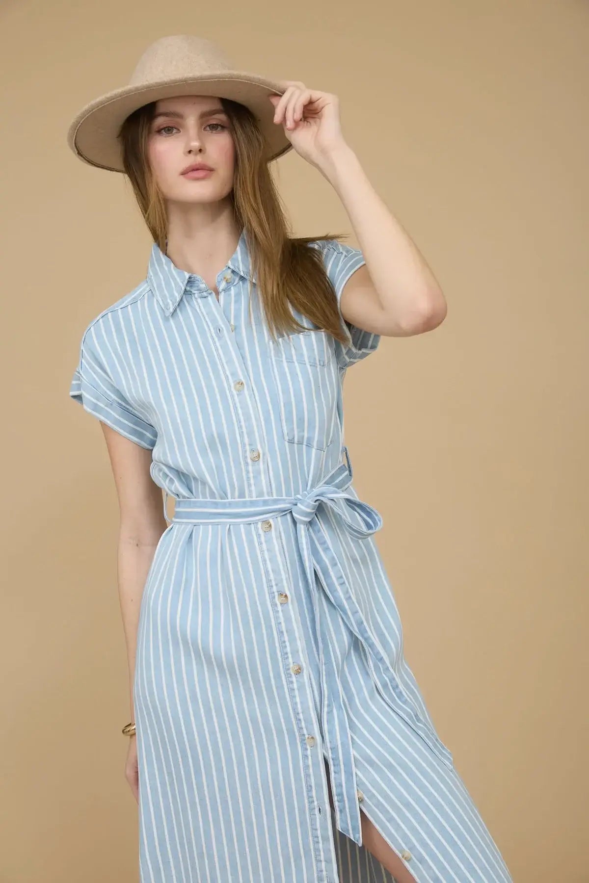 Striped midi dress with tie waist, women’s boho chic clothing, shop Daisy