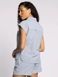Striped short pajama set with collared v neckline and single chest pocket for comfort