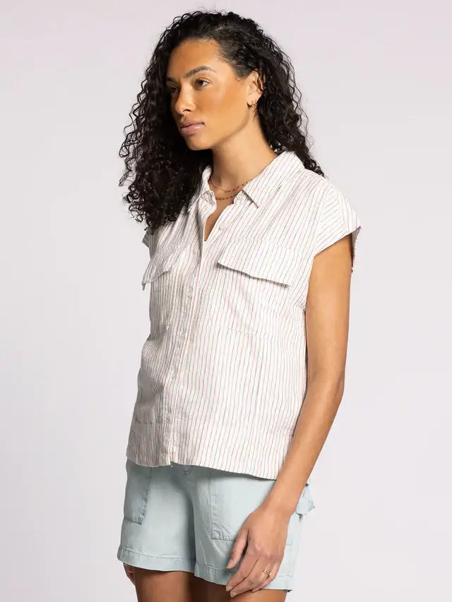 Striped short-sleeved collared shirt from THREAD AND SUPPLY LYDIA SHIRT, perfect for women’s boho chic clothing