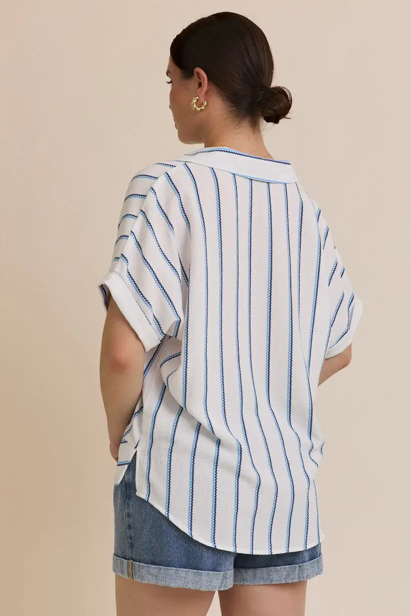 V-NECK Folded Short Sleeve Stripe Blouse showcasing a stylish short sleeve stripe design