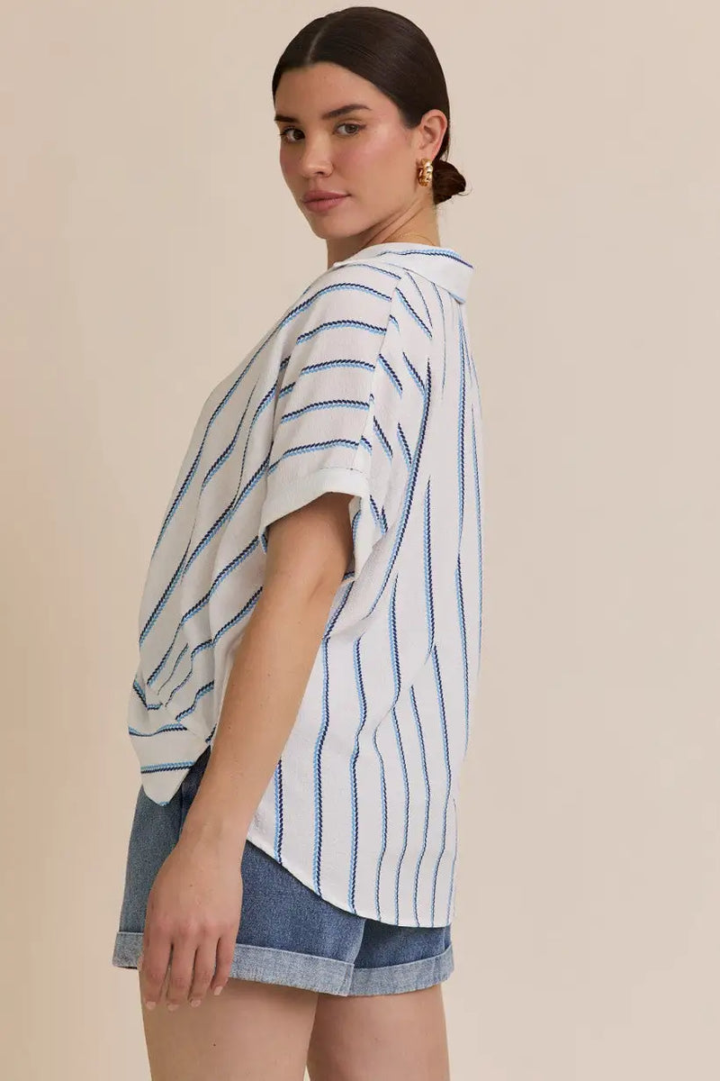 V-NECK Folded Short Sleeve Stripe Blouse, stylish short sleeve stripe top for women