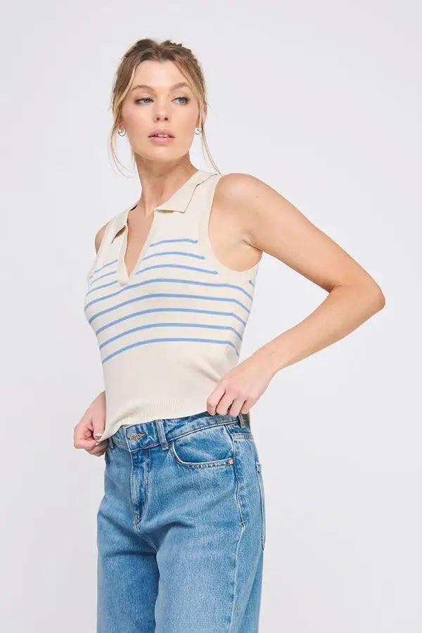 Striped knit V neck sleeveless polo tank top for casual and athletic wear