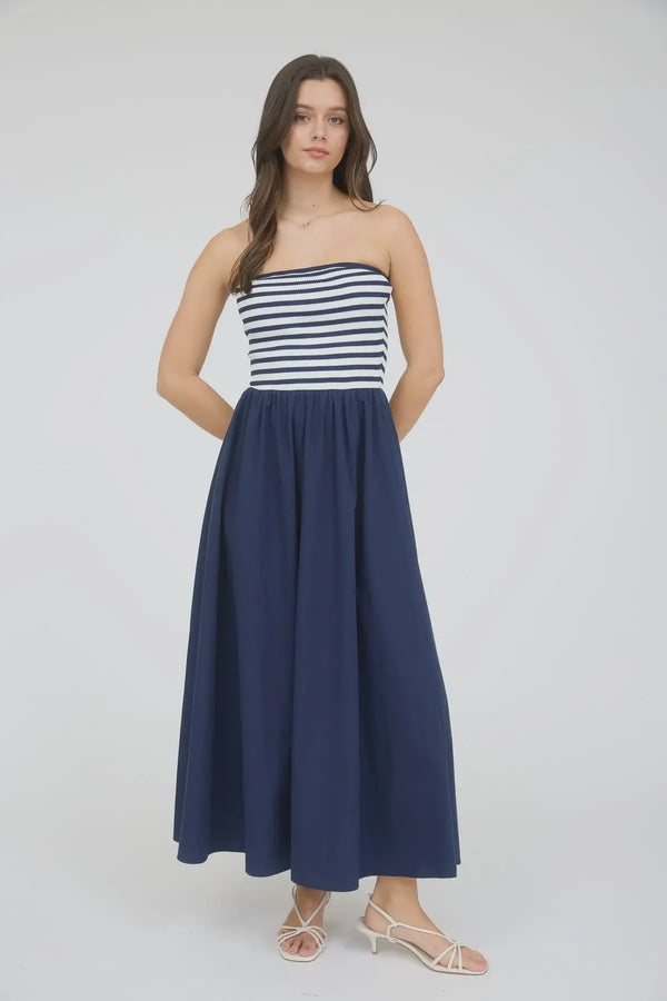 Striped strapless midi dress from Shop Daisy women’s boho chic clothing collection