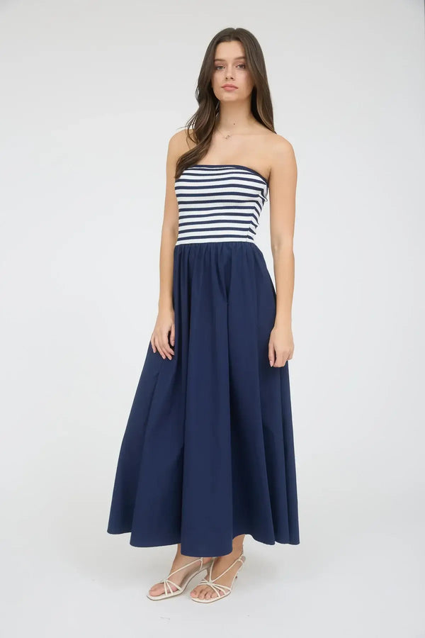 Striped strapless maxi dress, women’s boho chic clothing, shop Daisy midi dress