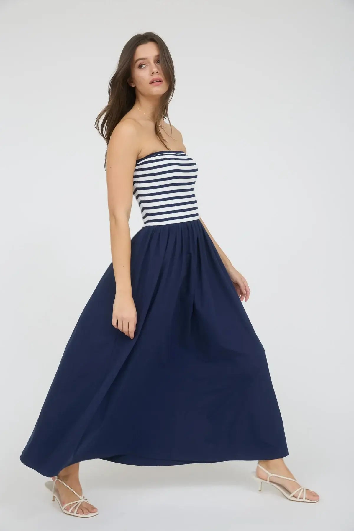 Striped strapless top with navy maxi skirt, perfect women’s boho chic clothing midi dress