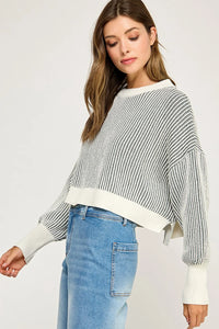 Ribbed knit balloon sleeve sweater in white and gray stripes