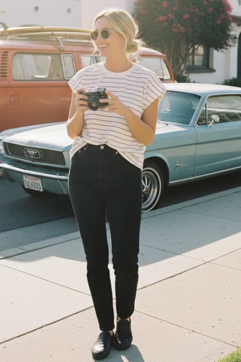 Women’s boho chic Supply Bella Tee: striped t-shirt with black pants and sunglasses