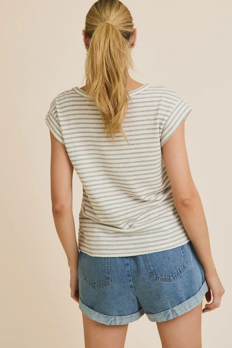 Striped round neck short sleeve top paired with stylish denim shorts for summer fashion