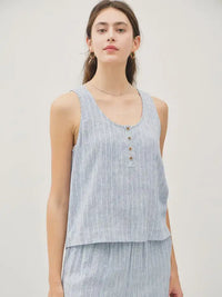 Striped Henley tank top with buttons from BOXY STRIPED collection, ideal for womens boho clothes