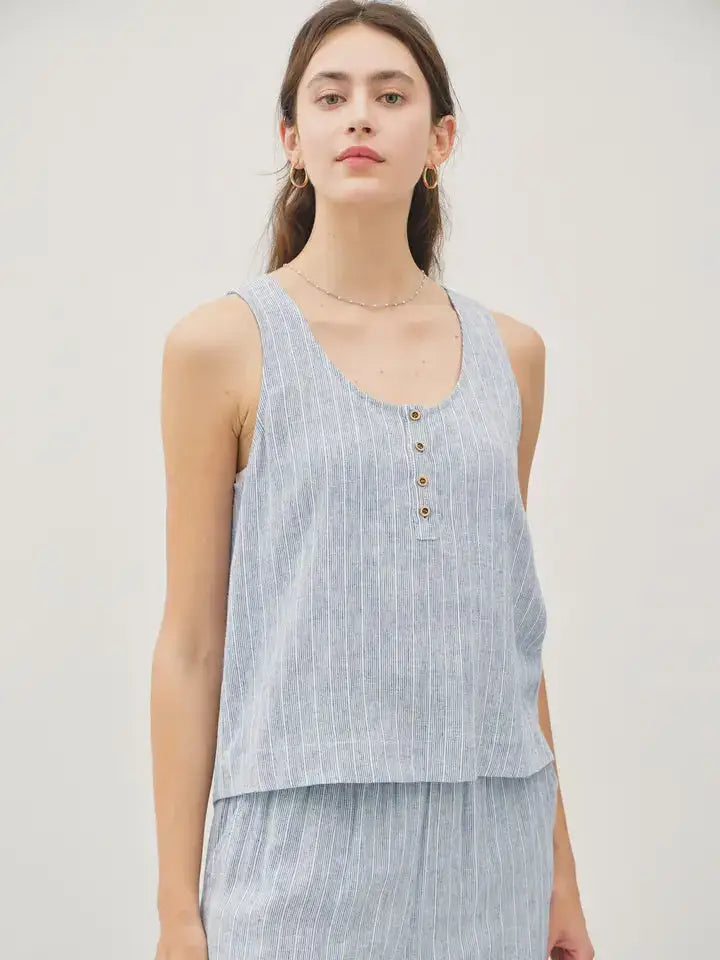 Striped Henley tank top with buttons from BOXY STRIPED collection, ideal for womens boho clothes