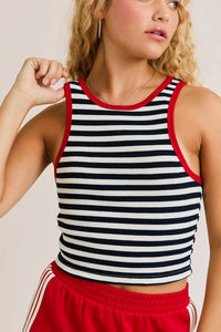 Summer stripe tank featuring red trim from NAUTICA labeled STRIPE THERMAL TANK