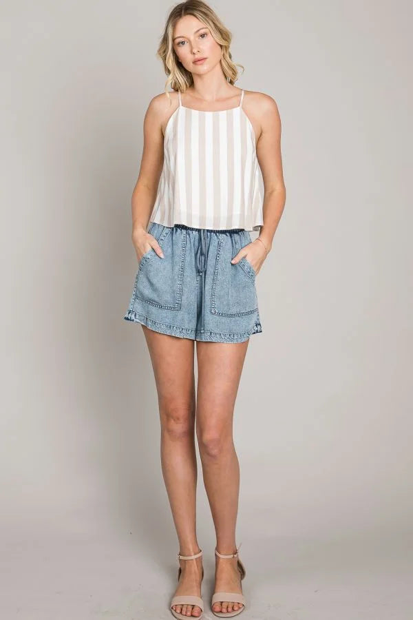 Striped tank top in white styled with Woven Flowy Culottes for a chic look