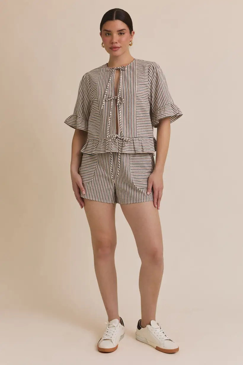 Striped tie short sleeve shorts set with ruffle hem and ruffle sleeve details