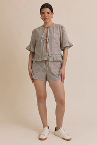 Striped tie short sleeve shorts set with ruffle hem and ruffle sleeve details