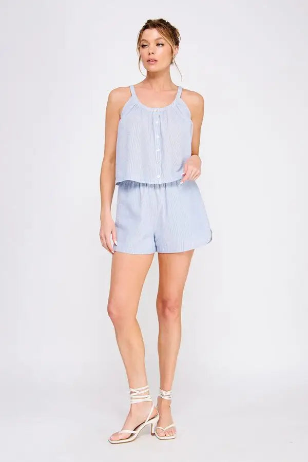 Striped two-piece shorts set with airy sleeveless top, ideal for women’s boho chic clothing from Shop Daisy