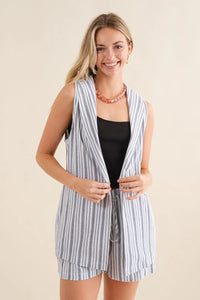 LINEN BLEND STRIPED SLEEVELESS CARDIGAN VEST in a boho flowy design for stylish layering