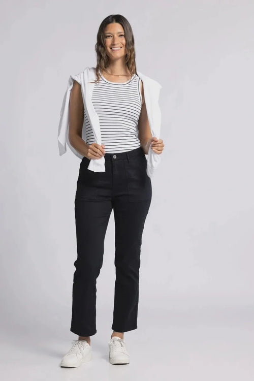 Striped white and navy sleeveless top with ruffles, Alanis Pant, white sneakers