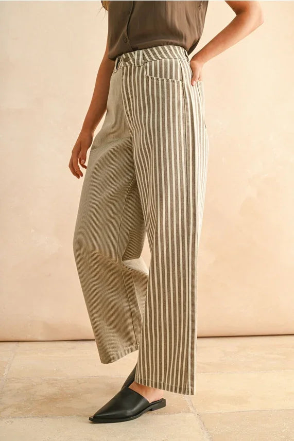 Striped wide-leg linen stripe fabric mixed pants with black mules