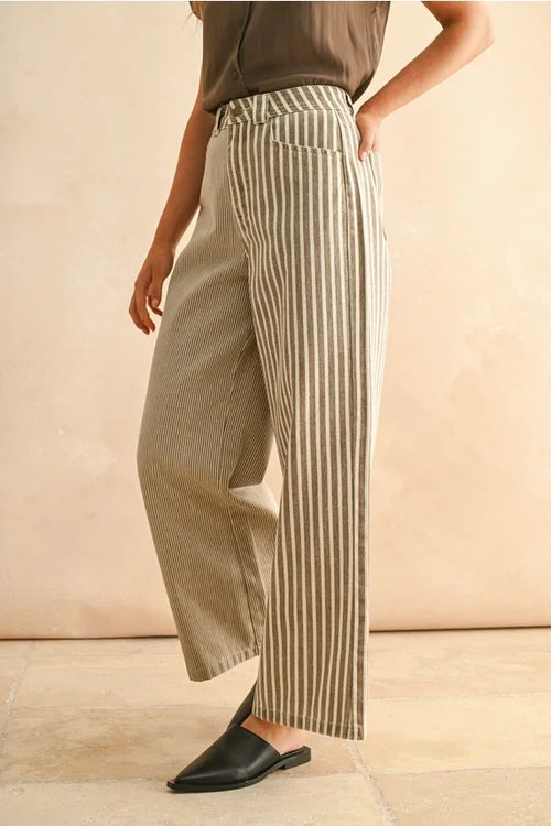 Striped wide-leg linen stripe fabric mixed pants with black mules