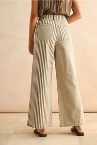 Striped wide-leg linen pants with stripe fabric mixed design