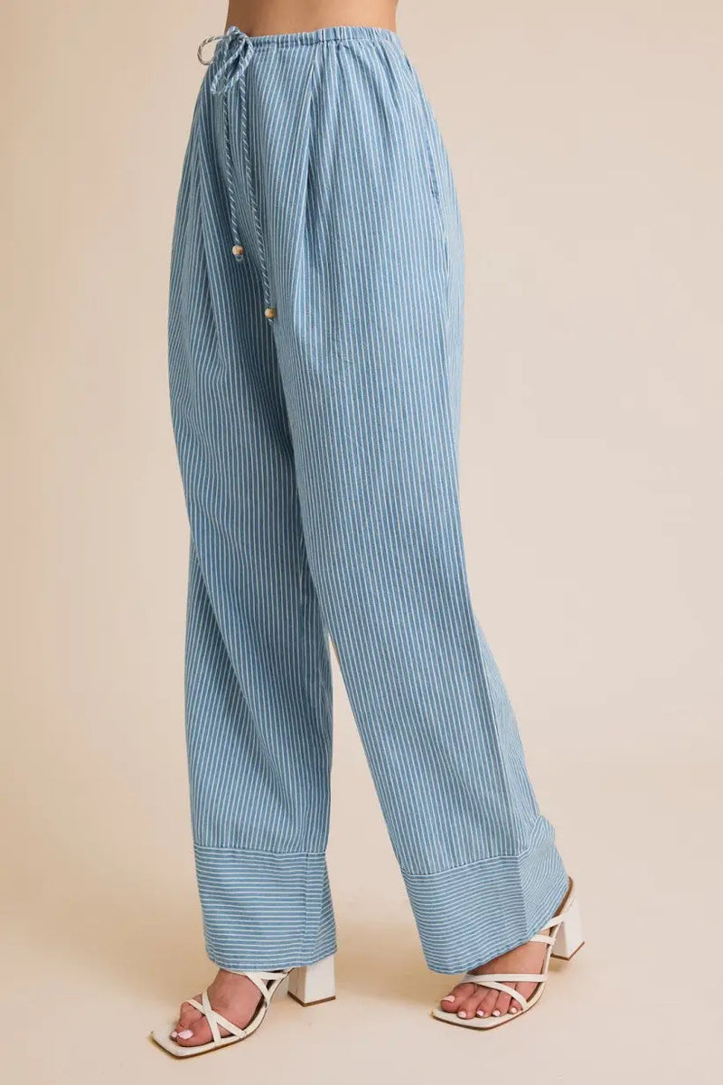 Striped wide-leg Draw String Waist Stripe Chambray Pants with drawstring detail