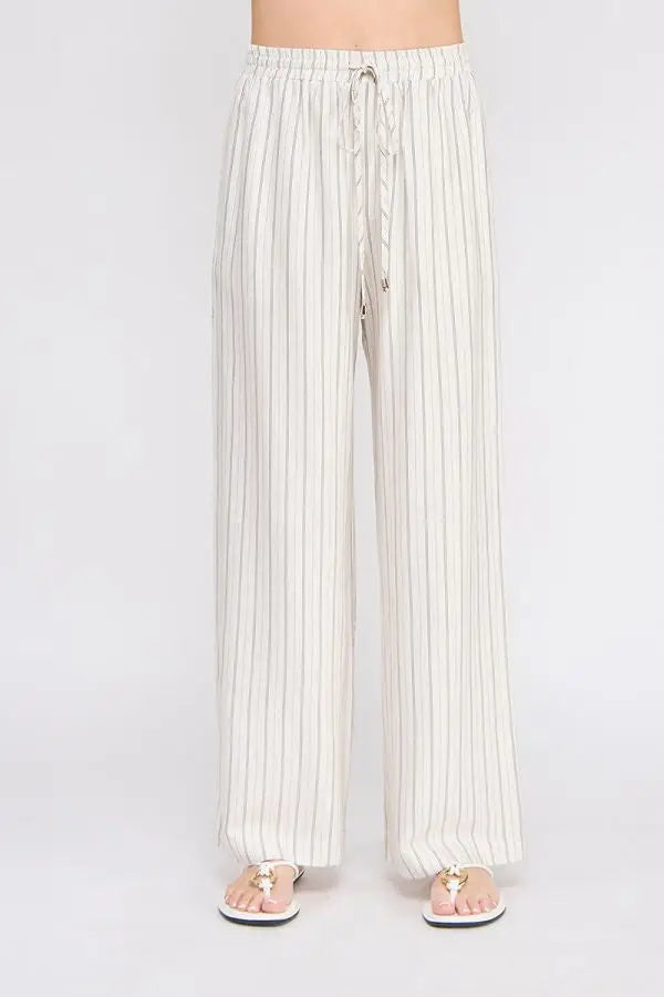 Linen blend striped elastic tie waist pants with wide-leg design and drawstring detail
