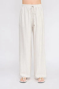 Linen blend striped elastic tie waist pants with wide-leg design and drawstring detail