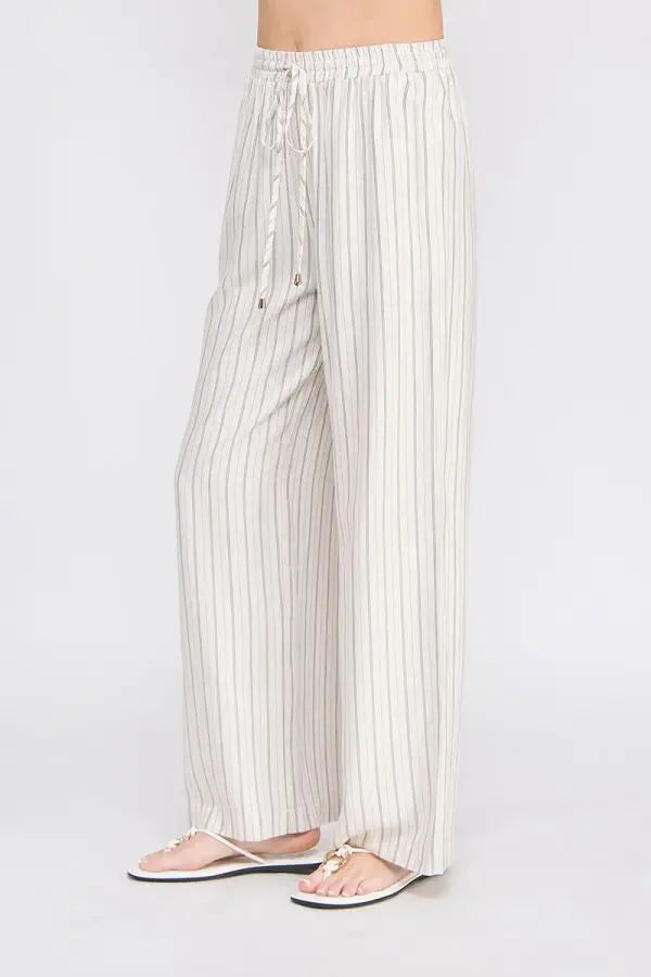 Linen blend striped wide-leg pants with elastic tie waist for a comfortable fit