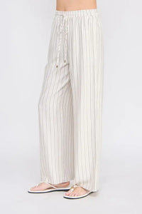 Linen blend striped wide-leg pants with elastic tie waist for a comfortable fit