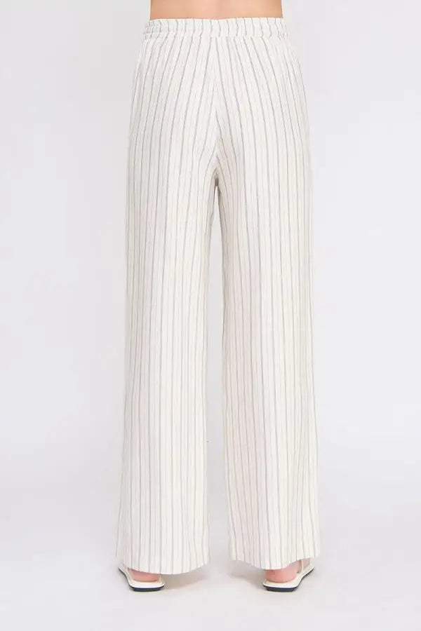 Linen blend striped wide-leg pants with elastic tie waist in stylish design