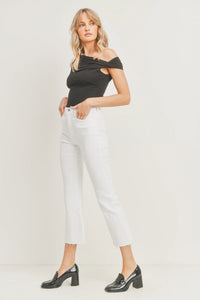 Stylish outfit featuring cropped flare denim paired with a black off-shoulder top