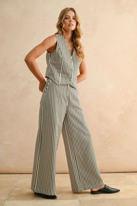 Stylish women’s boho chic clothing featuring striped button front vest and matching wide-leg pants at Shop Daisy