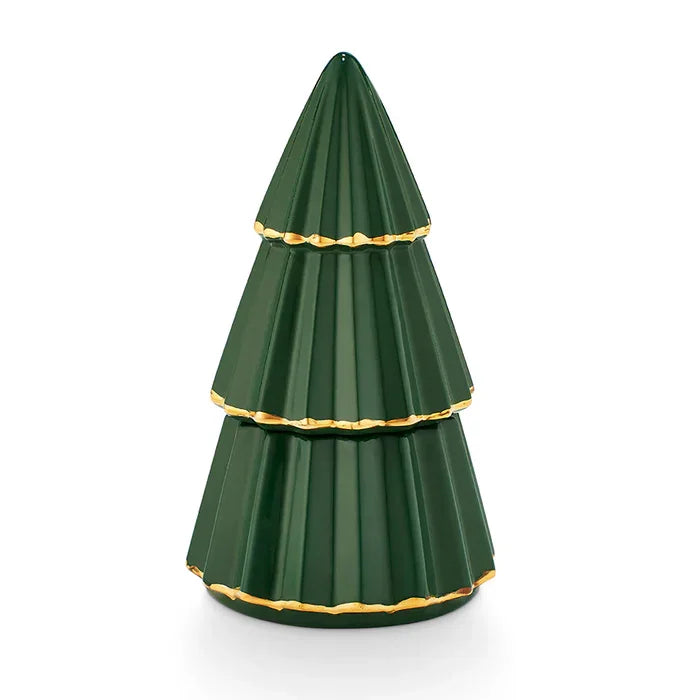 Stylized green ceramic Christmas tree candle with gold trim in JUNIPER SPICE collection