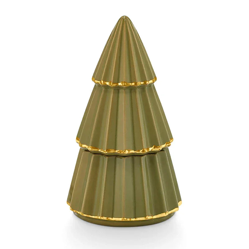 Stylized green ceramic Christmas tree with gold trim for TRIED & TRUE ceramic candle