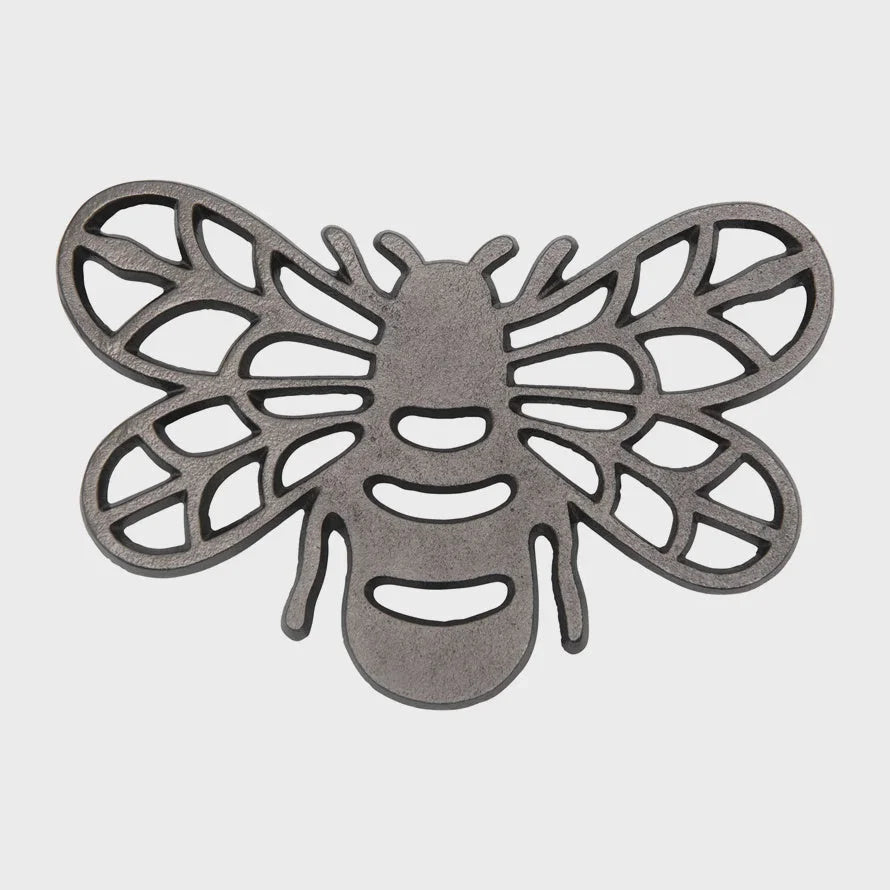 Stylized cast aluminum bee trivet with intricate wing patterns and detailed design