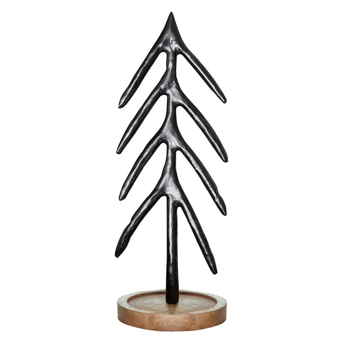 Stylized metal tree sculpture on wooden base for women’s boho chic clothing decor