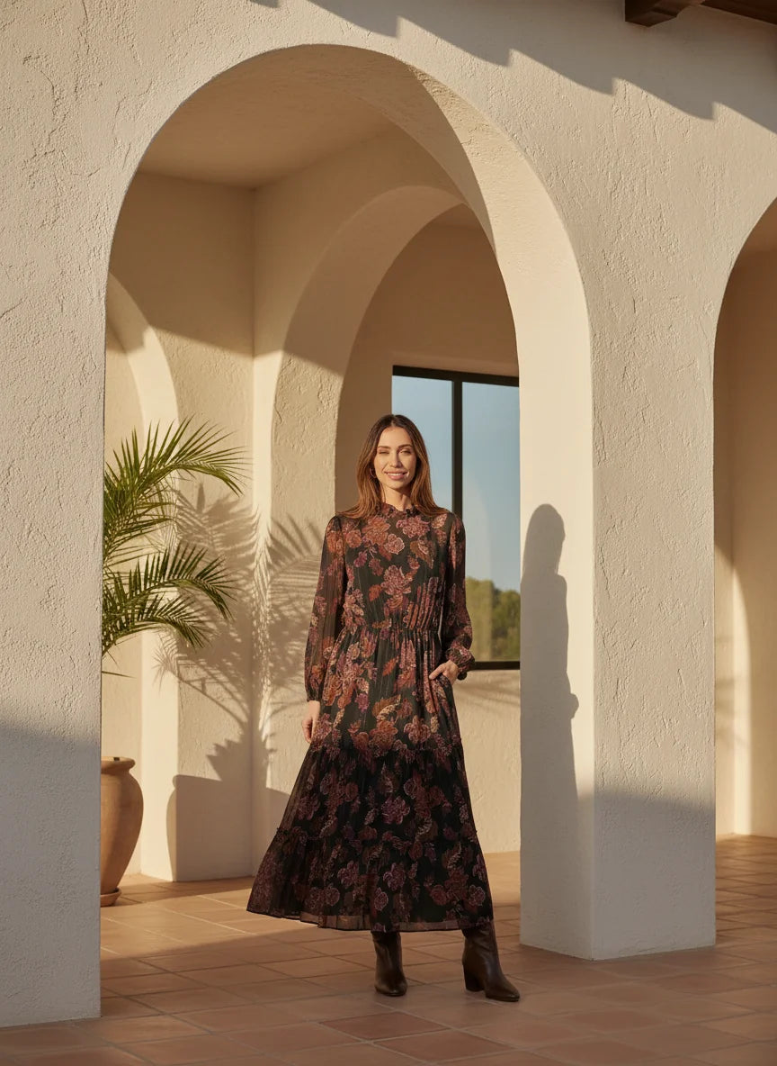 Tall woman wearing LOST + WANDER WHISPERS OF BOHEMIA MAXI DRESS with floral pattern and ankle boots