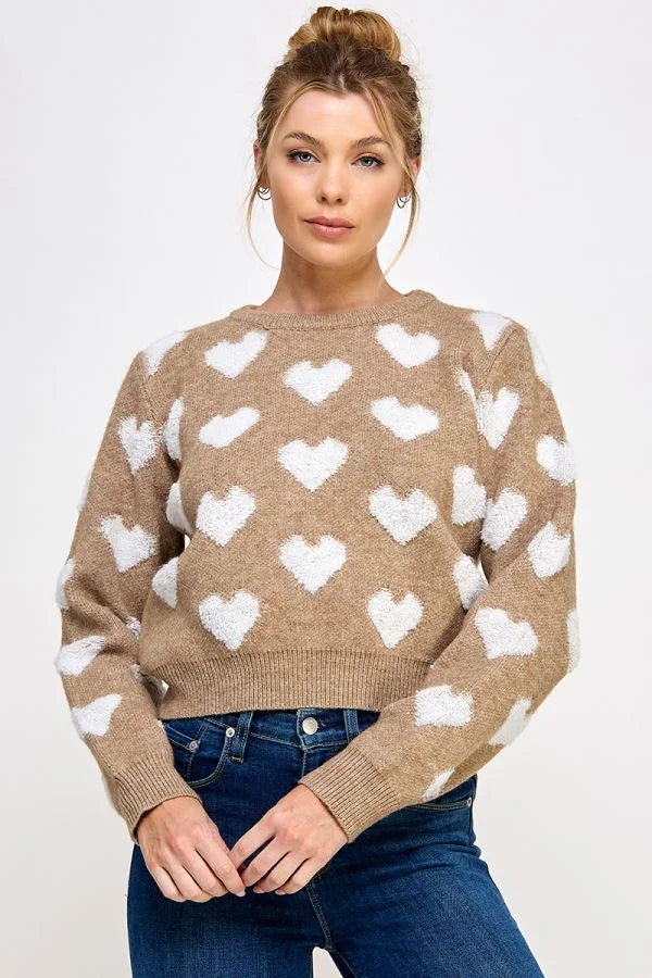 Tan cropped pullover sweater with raised heart patterns for women’s boho chic clothing