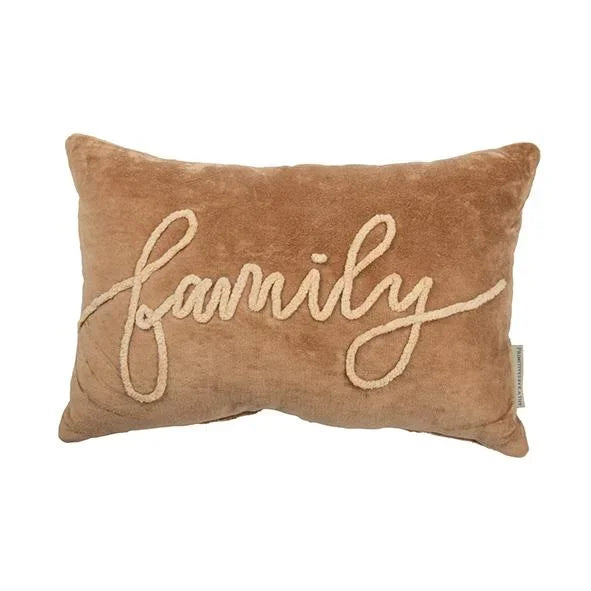 Tan velvet pillow with family embroidered in cursive, perfect for women’s boho chic decor