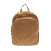 Tan faux-suede Frankie Soft Leather Backpack with logo zip pulls for stylish convenience