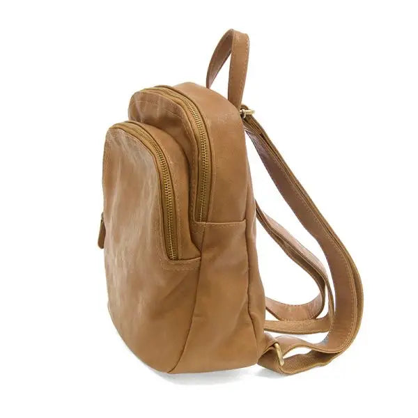 Tan leather backpack featuring logo zip pulls from the Frankie Soft Leather Backpack line