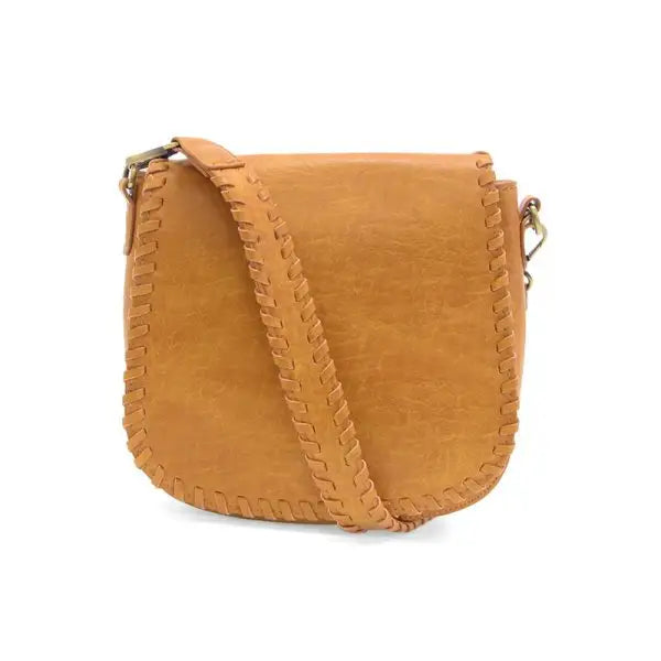 Tan vegan leather ANNIE WHIPSTITCH SADDLE crossbody bag with a stylish shoulder strap