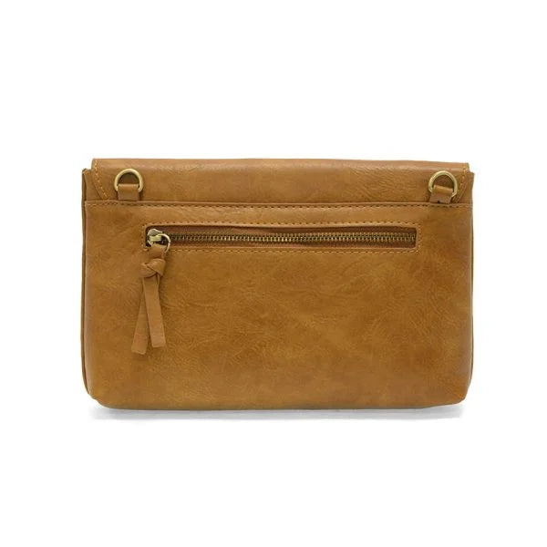 Claudia keyhole envelope crossbody in tan vegan leather with zipper and tassel